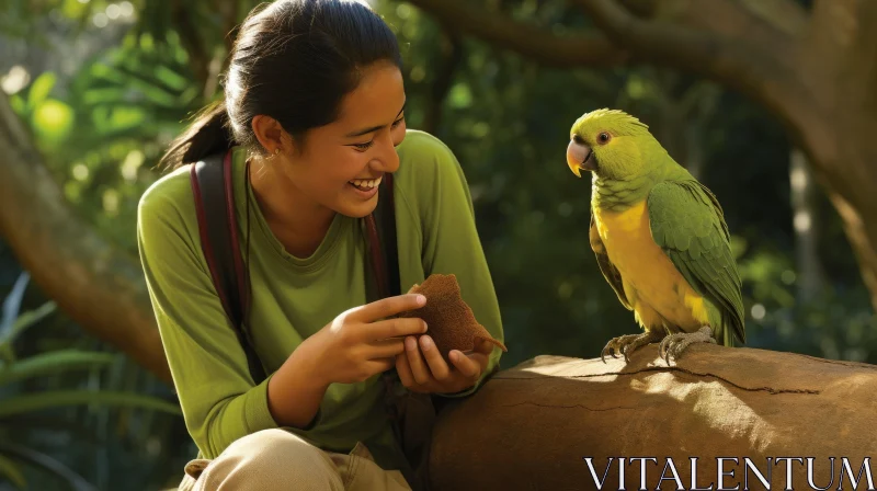 AI ART Woman Feeding Parrot on Branch