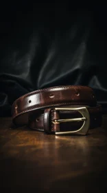 Brown Leather Belt with Gold Buckle on Wooden Table