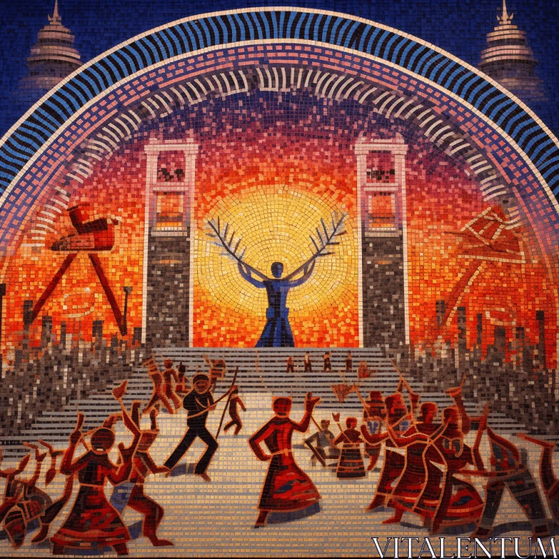 Captivating Mosaic Painting of Dancing Crowds | Religious Building | Bronze and Red AI Image