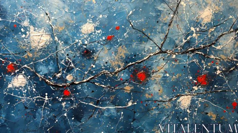 Contemporary Abstract Tree Branches Painting in Blue, White, and Red AI Image