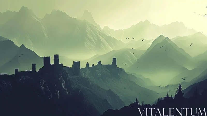Enigmatic Castle in Mountain Landscape Digital Painting AI Image