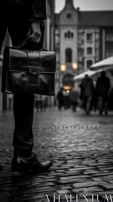 Man in Suit Holding Briefcase on Cobblestone Street AI Image