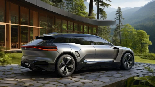 Modern House with Electric SUV Parked in Front of Mountains View