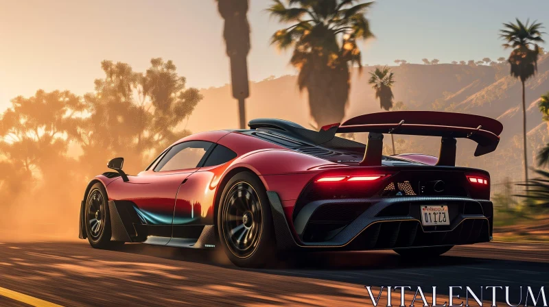 Red Sports Car Racing at Sunset | Mercedes-AMG One Speeding Scene AI Image
