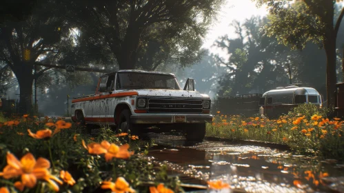 Abandoned Retro Pickup Truck in Post-Apocalyptic Flower Field