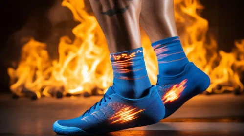 Dynamic Man Running in Blue Shoe with Fire Background