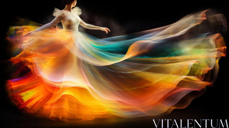 Ethereal Woman in Colorful Dress on Black Background AI Image