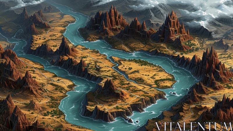 AI ART Fantasy Desert Map with River and Mountains