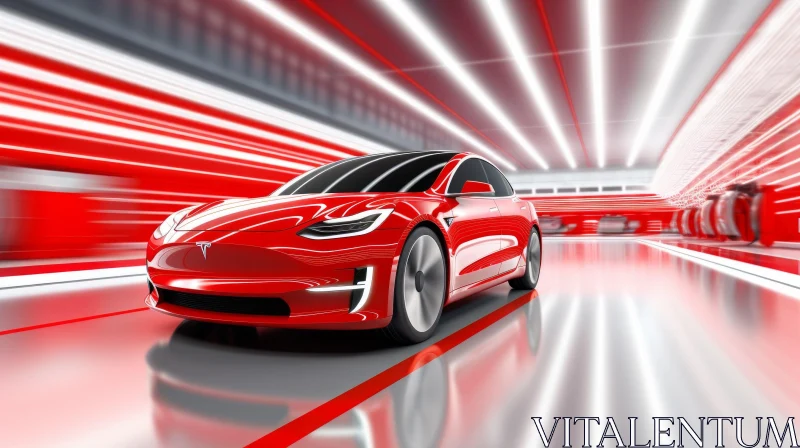 Red Tesla Model 3 in Futuristic Tunnel AI Image