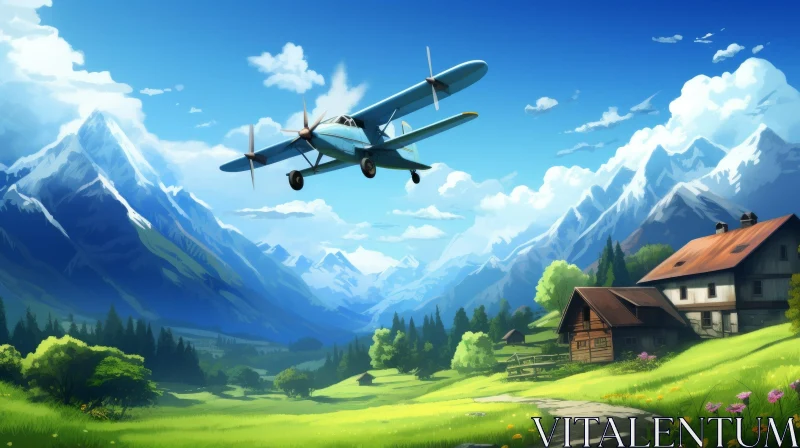 Blue Biplane Flying Over Snow-Capped Mountains in Cartoon Valley AI Image