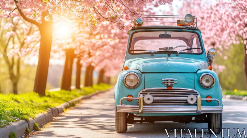 Vintage Car Surrounded by Cherry Blossom Trees in Spring AI Image
