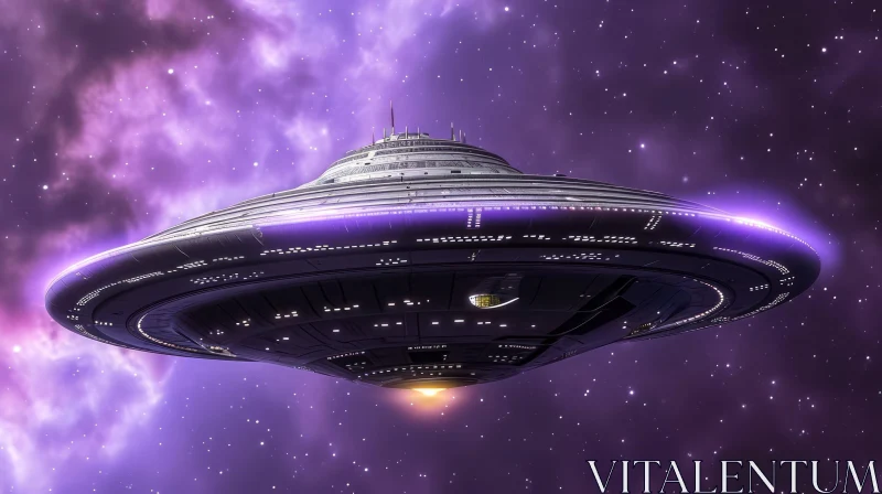Gray Flying Saucer Spaceship in Purple Nebula AI Image