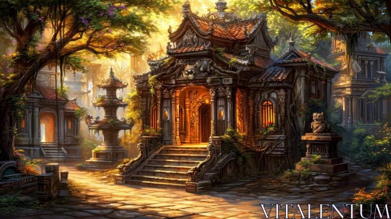 Traditional Chinese Temple Digital Art - Peaceful Tranquility AI Image