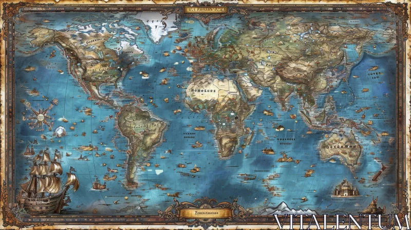 Vintage World Map Illustration | Antique Style Map Art AI Image