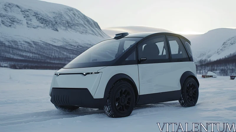 White Futuristic Car Driving on Snowy Road in Mountains AI Image