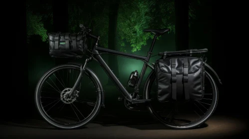 Black Bicycle with Panniers in Dark Forest
