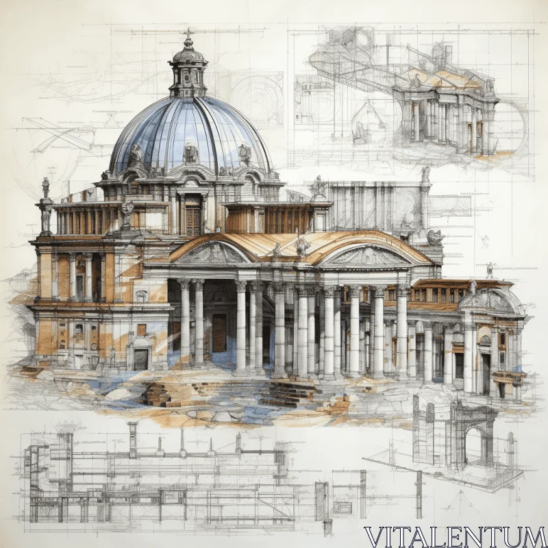 Intricate Architectural Sketch: Classical Style, Chiaroscuro Techniques AI Image