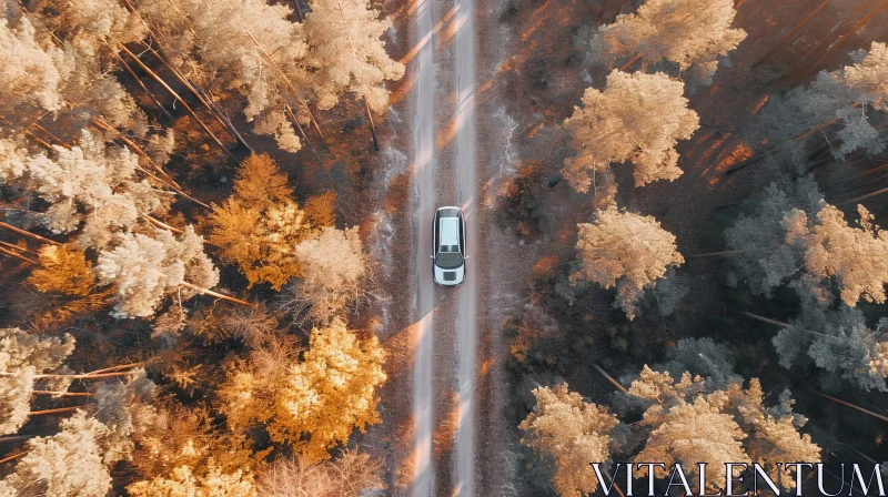 AI ART Aerial View of White Car Driving Through Autumn Forest