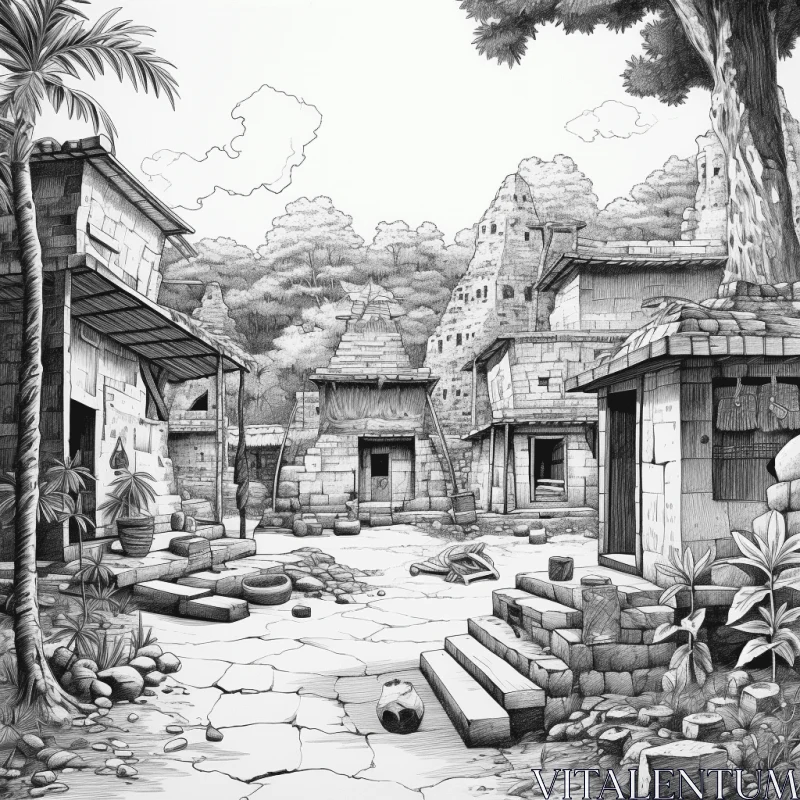 Captivating Black and White Sketch of an Ancient Village | Junglepunk Style AI Image