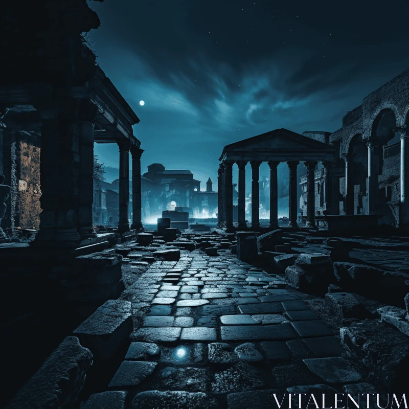 Eerie Ancient Ruins City at Night - Dark Cyan and Black Neoclassical Scene AI Image