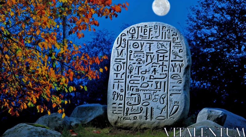 Enigmatic Night Scene with Egyptian Hieroglyphs on Stone Slab AI Image