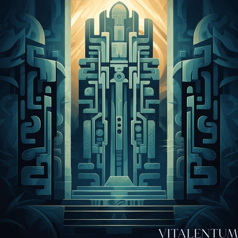 Entrance to a Mysterious Temple: Intricate Illustrations in Dark Teal and Light Bronze AI Image