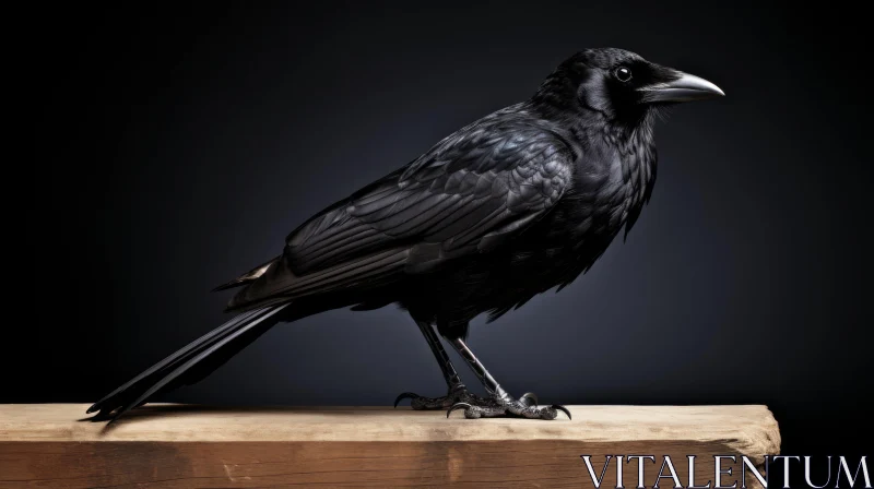 Intense Encounter: Black Crow on Wooden Perch AI Image