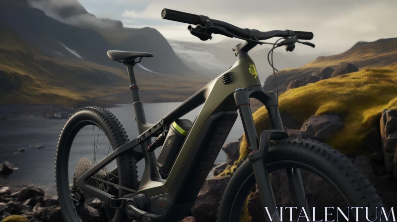 Sleek Electric Mountain Bike Overlooking Lake and Mountains AI Image