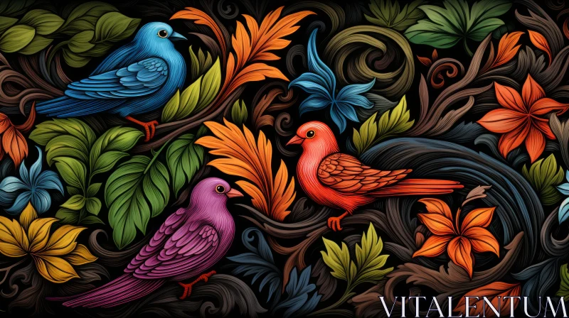 Colorful Floral Pattern with Birds - Digital Painting AI Image