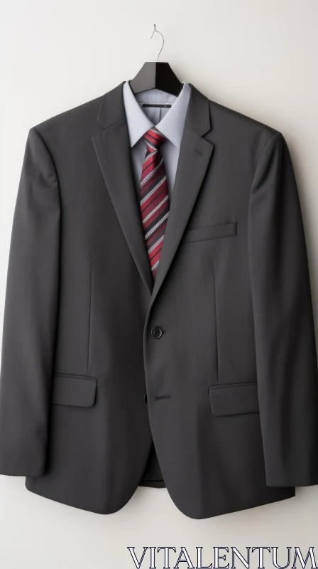 Elegant Gray Suit Jacket, White Shirt, Red Striped Tie on Hanger AI Image