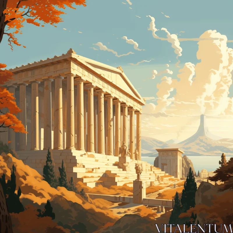 Captivating Ancient Greek Temple Mural in Pixel Art Style AI Image