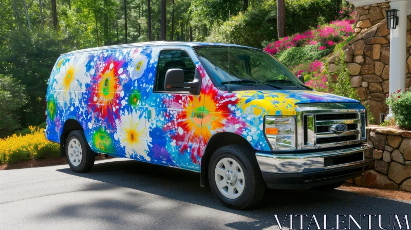 Colorful Psychedelic Van in Nature Setting AI Image