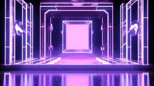 Empty Purple Stage with Glowing Neon Lights - Futuristic 3D Rendering
