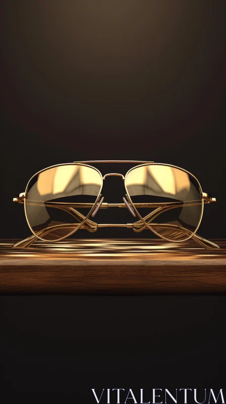 Golden Aviator Sunglasses on Wooden Surface | Abstract 3D Rendering AI Image