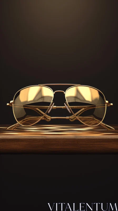 Golden Aviator Sunglasses on Wooden Surface | Abstract 3D Rendering