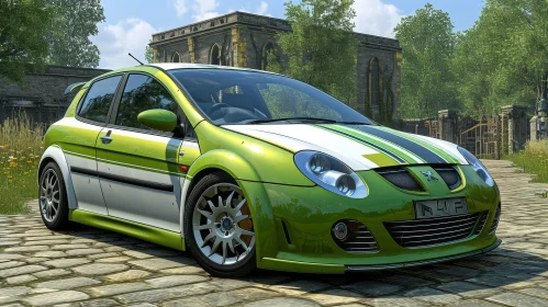 Green and White Hatchback Car Parked on Cobblestone Street