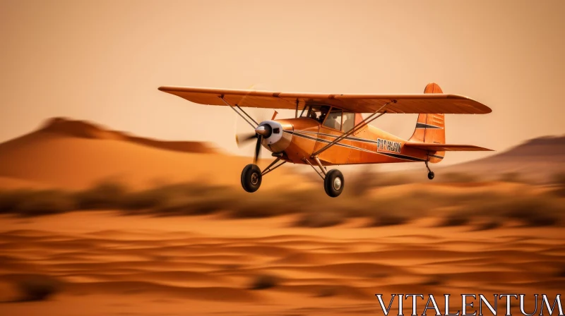 Orange Airplane Flying Over Desert Landscape AI Image