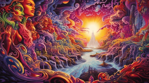 Psychedelic Painting of Colorful Water and Glowing People