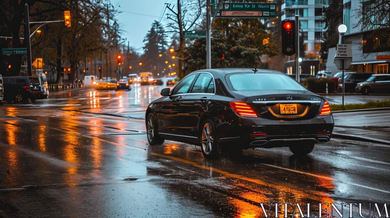 Black Mercedes-Benz S-Class Driving on Wet Road at Night AI Image