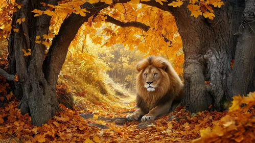 Majestic Lion in Autumn Forest