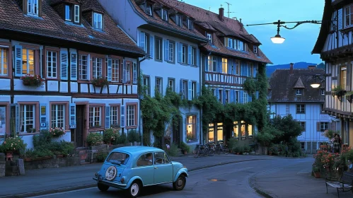 Charming European Street Scene with Colorful Houses and Blue Car
