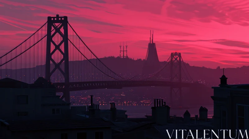 Cityscape at Sunset with Vibrant Pink Sky and Suspension Bridge AI Image