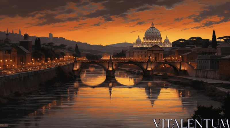 River with Buildings and Bridge at Sunset: A Captivating Roman-Inspired Painting AI Image