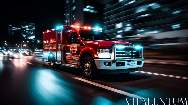 Speeding Ambulance in Urban Night Scene AI Image