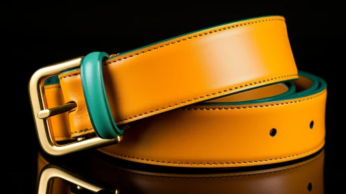 Yellow Leather Belt with Gold Buckle on Reflective Surface