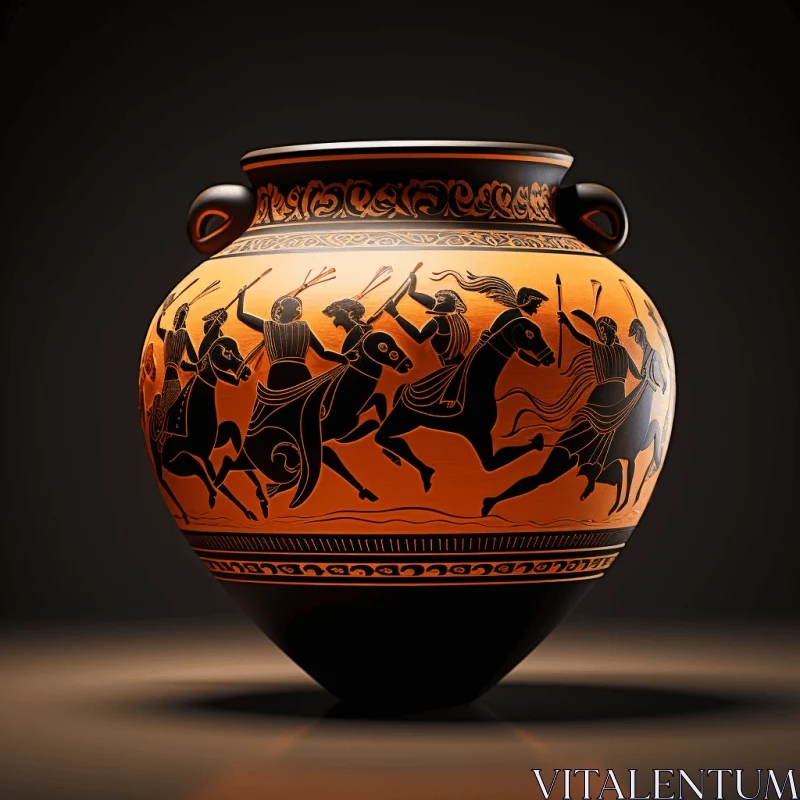 Decorated Black Vase with Mythic Imagery and Lively Action Poses AI Image