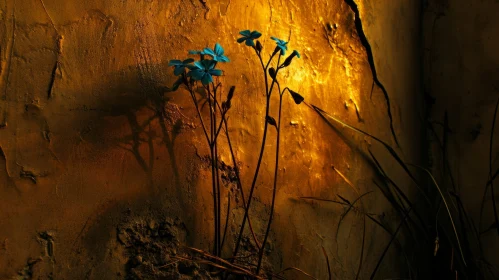 Delicate Blue Flowers on Weathered Concrete Wall