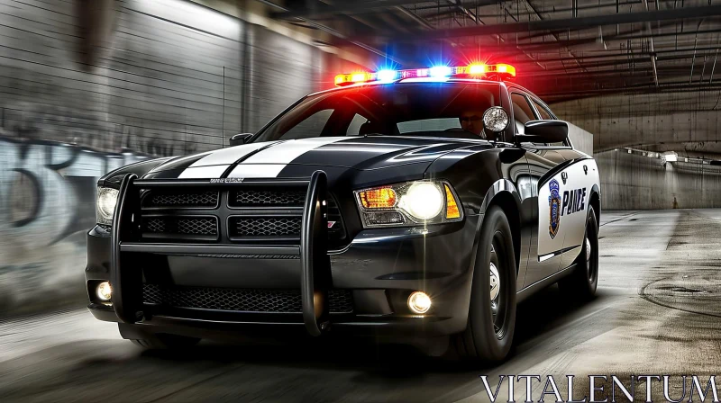 Intense Police Car Pursuit on Dark Road AI Image