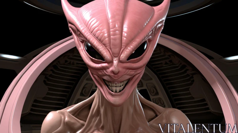 AI ART Pink Alien Creature 3D Rendering in Dark Room with Spaceship