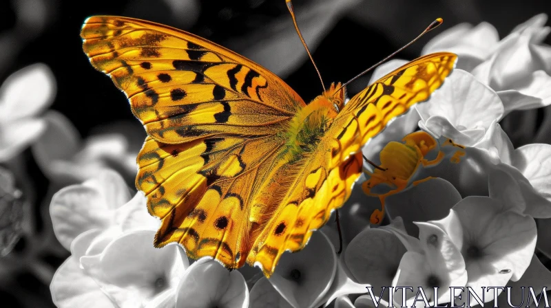 Yellow Butterfly on White Flower Close-Up AI Image